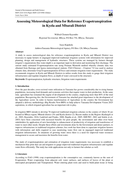 Assessing Meteorological Data for Reference Evapotranspiration in Kyela and Mbarali District