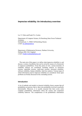 Imprecise Reliability: an Introductory Overview