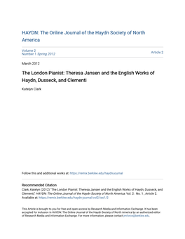 The London Pianist: Theresa Jansen and the English Works of Haydn, Dusseck, and Clementi