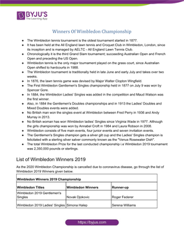 Winners of Wimbledon Championship List of Wimbledon Winners 2019