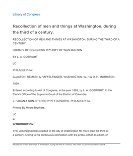 Recollection of Men and Things at Washington, During the Third of a Century