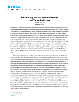 Philanthropy, Nuclear Nonproliferation, and Threat Reduction Paul Rubinson February 2021