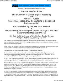 January Meeting Notice the Invention of Optical Digital Recording James