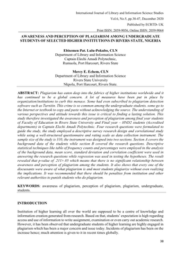 Awareness and Perception of Plagiarism Among Undergraduate Students of Selected Higher Institutions in Rivers State, Nigeria