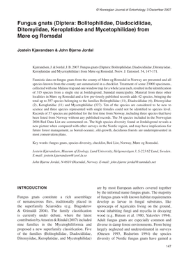 Fungus Gnats (Diptera: Bolitophilidae, Diadocidiidae, Ditomyiidae, Keroplatidae and Mycetophilidae) from Møre Og Romsdal