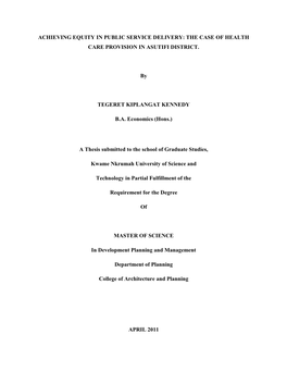 Achieving Equity in Public Service Delivery: the Case of Health Care Provision in Asutifi District