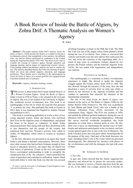 A Book Review of Inside the Battle of Algiers, by Zohra Drif: a Thematic Analysis on Women’S Agency W