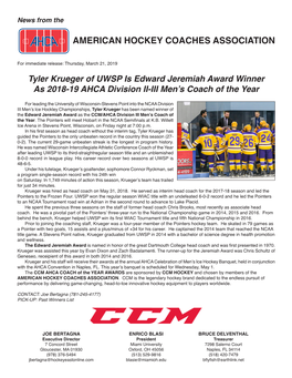 Tyler Krueger of UWSP Is Edward Jeremiah Award Winner As 2018-19 AHCA Division II-III Men’S Coach of the Year