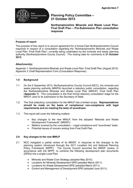 Northamptonshire Minerals and Waste Local Plan: Final Draft Plan – Pre-Submission Plan Consultation Response