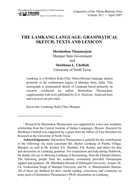 The Lamkang Language: Grammatical Sketch, Texts and Lexicon*