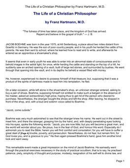 The Life of a Christian Philosopher by Franz Hartmann, MD