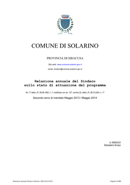 Relazione Annuale Del Sindaco Sullo Stato Di Attuazione Del Programma