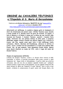 ORDINE Dei CAVALIERI TEUTONICI E L’Ospedale Di S