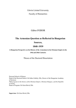 Gábor FODOR the Armenian Question As Reflected in Hungarian