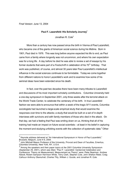 Paul F. Lazarsfeld: His Scholarly Journey1