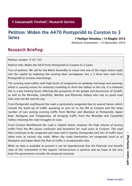 Petition: Widen the A470 Pontypridd to Coryton to 3 Lanes Y Pwyllgor Deisebau | 13 Rhagfyr 2016 Petitions Committee | 13 December 2016