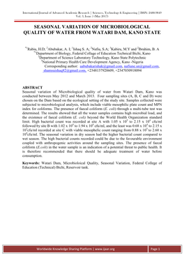 Seasonal Variation of Microbiological Quality of Water from Watari Dam, Kano State