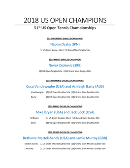 2018 US OPEN CHAMPIONS 51St US Open Tennis Championships