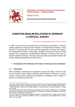 Christian-Muslim Relations in Germany a Critical Survey