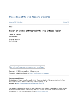 Report on Studies of Streams in the Iowa Driftless Region