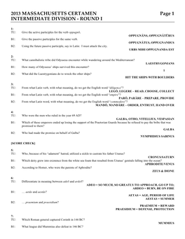 2013 MASSACHUSETTS CERTAMEN Page 1 INTERMEDIATE DIVISION - ROUND I