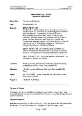 Report to Planning and Highways Committee on the City Building