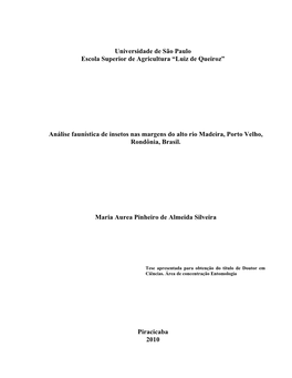 Análise Faunística De Insetos Nas Margens Do Alto Rio Madeira, Porto Velho, Rondônia, Brasil