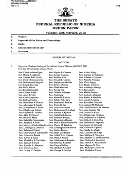 THE SENATE FEDERAL REPUBLIC of NIGERIA ORDER PAPER Tuesday, 12Th February, 2013 1