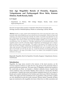 Iron Age Megalithic Burials of Perumba, Kuppam, Valapattanam and Pazhayangadi River Belts, Kannur District, North Kerala, India