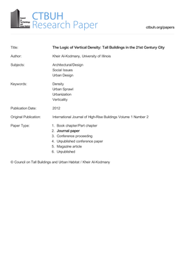 The Logic of Vertical Density: Tall Buildings in the 21St Century City