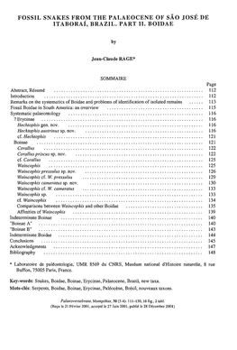 Fossil Snakes from the Palaeocene of Sao José De Itaborai, Brazil