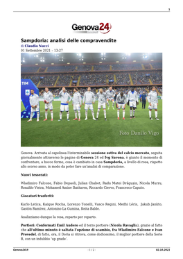 Sampdoria: Analisi Delle Compravendite Di Claudio Nucci 01 Settembre 2021 – 13:27