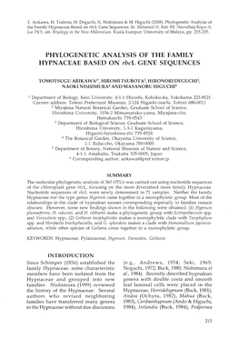 Phylogenetic Analysis of the Family Hypnaceae Based on Rbel Gene Sequences