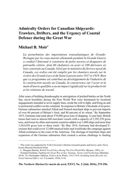 Admiralty Orders for Canadian Shipyards: Trawlers, Drifters, and the Urgency of Coastal Defence During the Great War