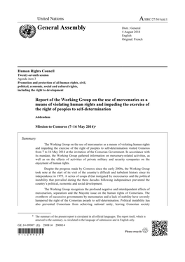 Report of the Working Group on the Use of Mercenaries As a Means of Violating Human Rights and Impeding the Exercise of the Right of Peoples to Self-Determination