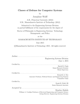 Classes of Defense for Computer Systems Josephine Wolff