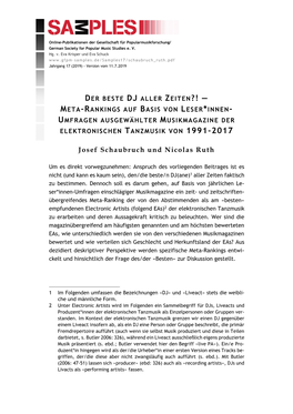 Der Beste Dj Aller Zeiten?! — Meta-Rankings Auf Basis Von Leser*Innen- Umfragen Ausgewählter Musikmagazine Der Elektronischen Tanzmusik Von 1991-2017