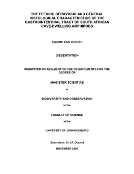 The Feeding Behaviour and General Histological Characteristics of the Gastrointestinal Tract of South African Cave-Dwelling Amphipods