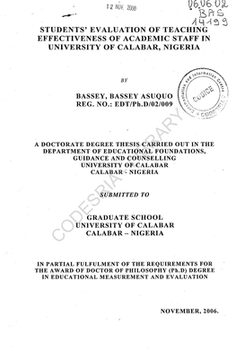 Students' Evaluation of Teaching Effectiveness of Academic Staff in University of Calabar, Nigeria