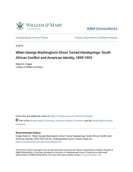 When George Washington's Ghost Turned Handsprings: South African Conflict and American Identity, 1899-1902