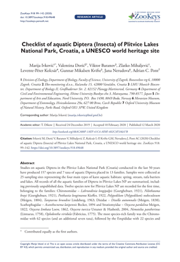 Checklist of Aquatic Diptera (Insecta) of Plitvice Lakes National Park, Croatia, a UNESCO World Heritage Site