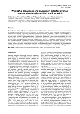 Wolbachia Prevalence and Diversity in Selected Riverine Predatory Beetles (Bembidiini and Paederini)