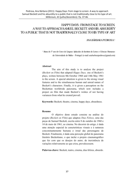 Happy Days: from Stage to Screen. a Way to Approach Samuel Beckett and His Absurdity to a Public That Is Not Traditionally Close to His Type of Art