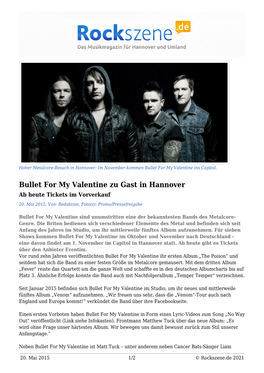 Bullet for My Valentine Zu Gast in Hannover Ab Heute Tickets Im Vorverkauf