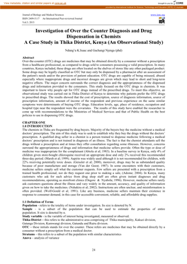 Investigation of Over the Counter Diagnosis and Drug Dispensation in Chemists a Case Study in Thika District, Kenya (An Observational Study)