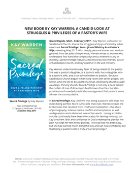 New Book by Kay Warren: a Candid Look at Struggles & Privileges of a Pastor’S Wife