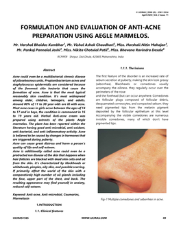 Formulation and Evaluation of Anti-Acne Preparation Using Aegle Marmelos