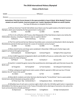 The 2018 International History Olympiad History of Berlin Exam