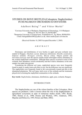STUDIES on ROVE BEETLES (Coleoptera: Staphylinidae) in HUNGARIAN ORCHARDS ECOSYSTEMS