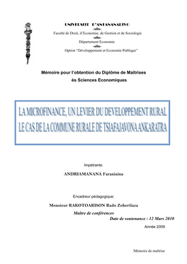 Mémoire Pour L'obtentio ANDRIAMAN Monsieur RAKOTOA Pour L